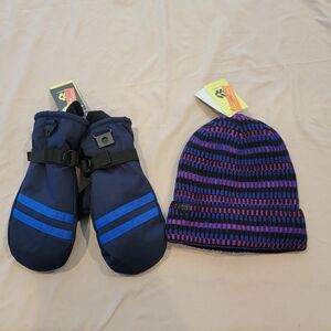 All In Motion Kids Striped Beanie and Blue-Striped Mittens Set